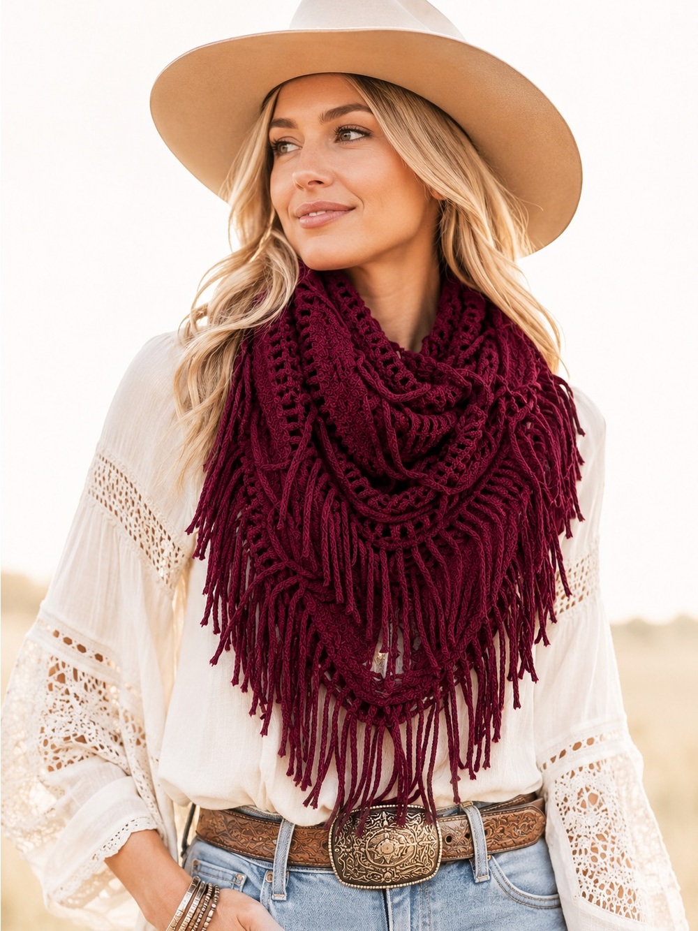 Nordstrom BP Burgundy Fringe Infinity Scarf | Boho Festival Knit Circle Scarf